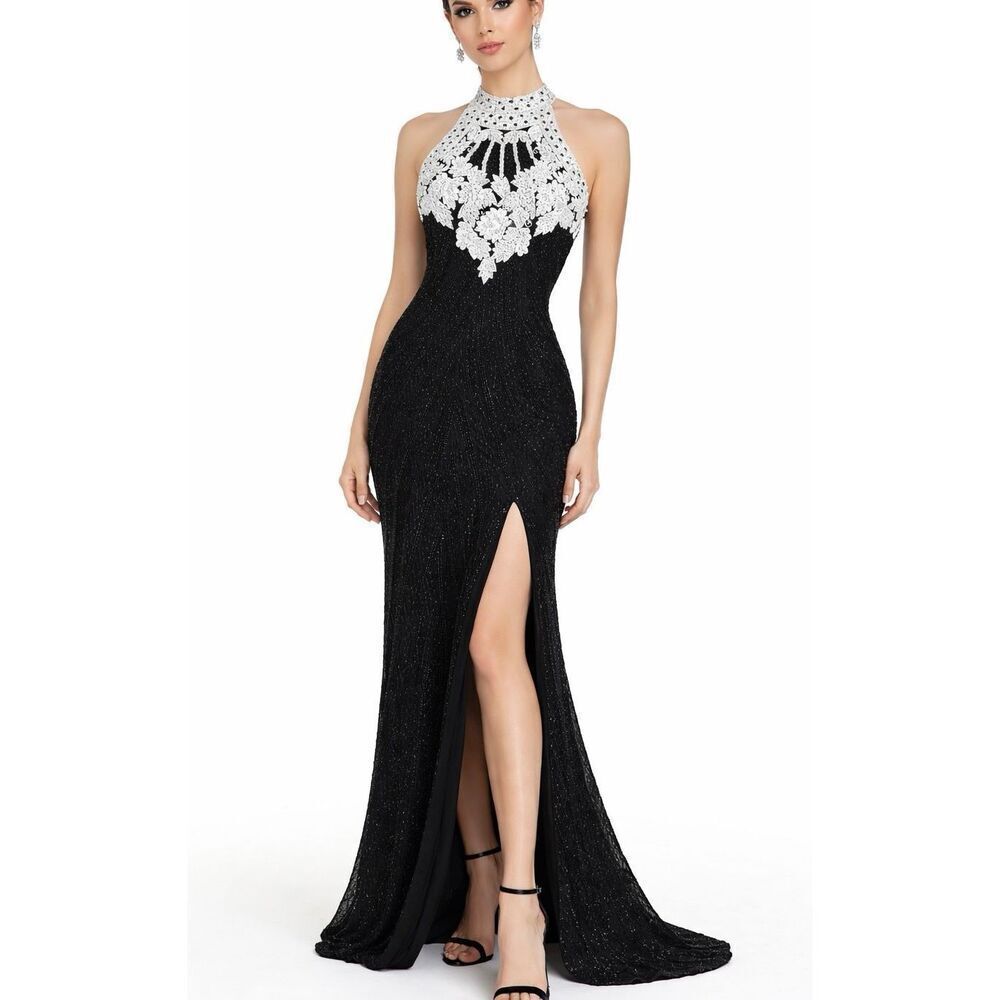 Vintage Y2K Adrianna Papell evening silk black and white beaded slit front high